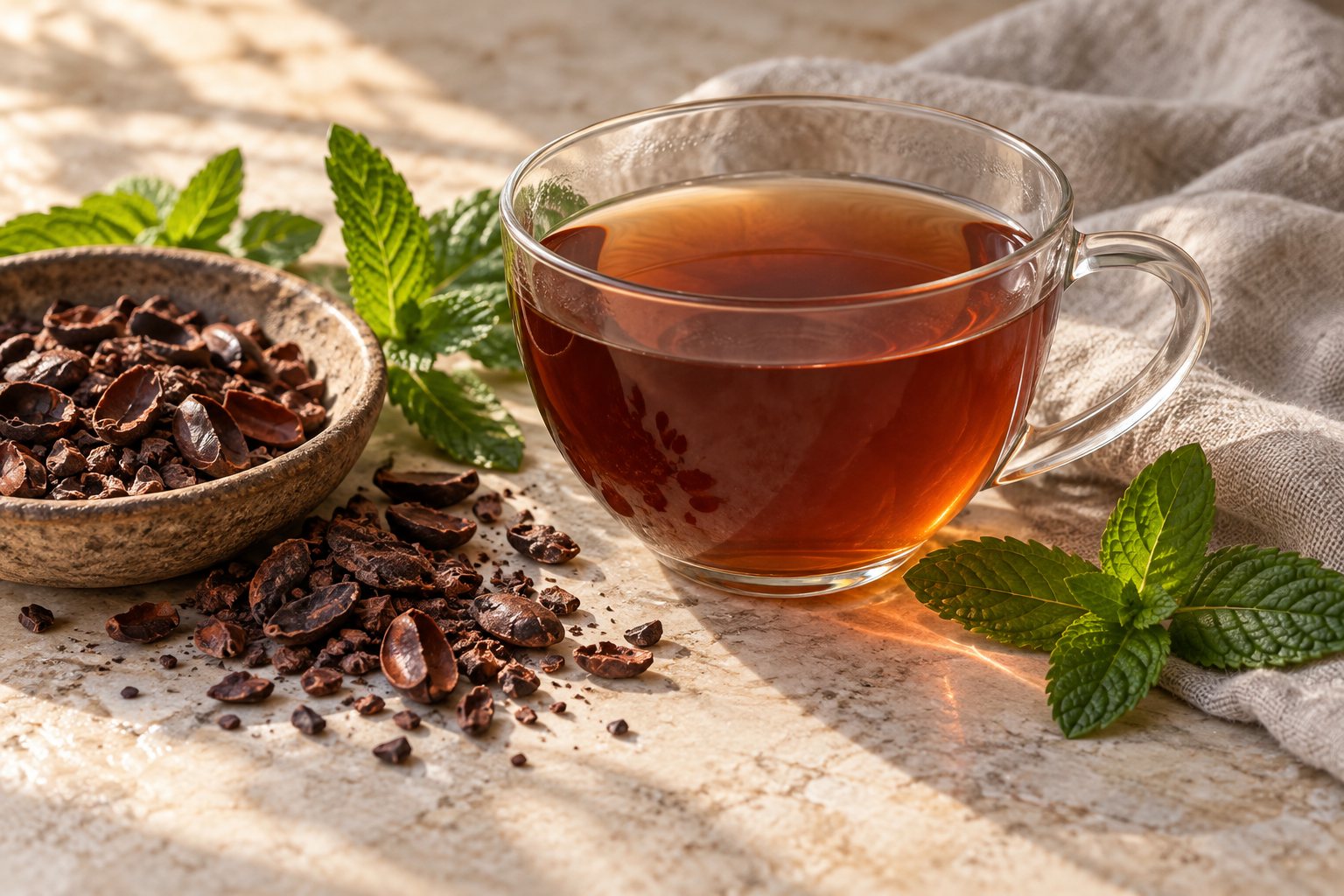 Loose cocoa husks and fresh mint beside a cup of tea