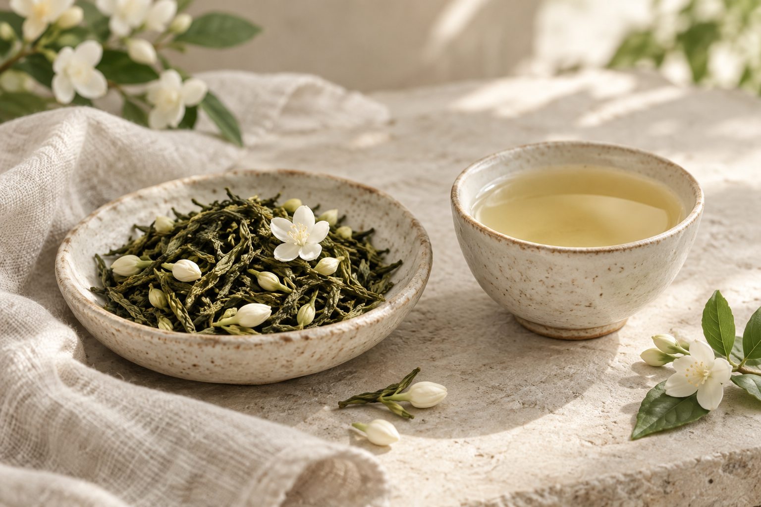 Loose jasmine green tea and white blossoms beside a cup of tea