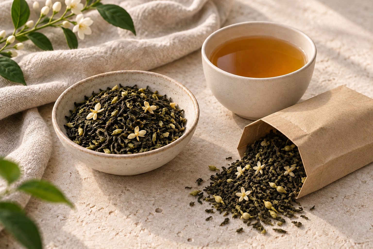 Concept image of loose tea leaves spilling from an open paper bag beside a ceramic bowl and cup of tea